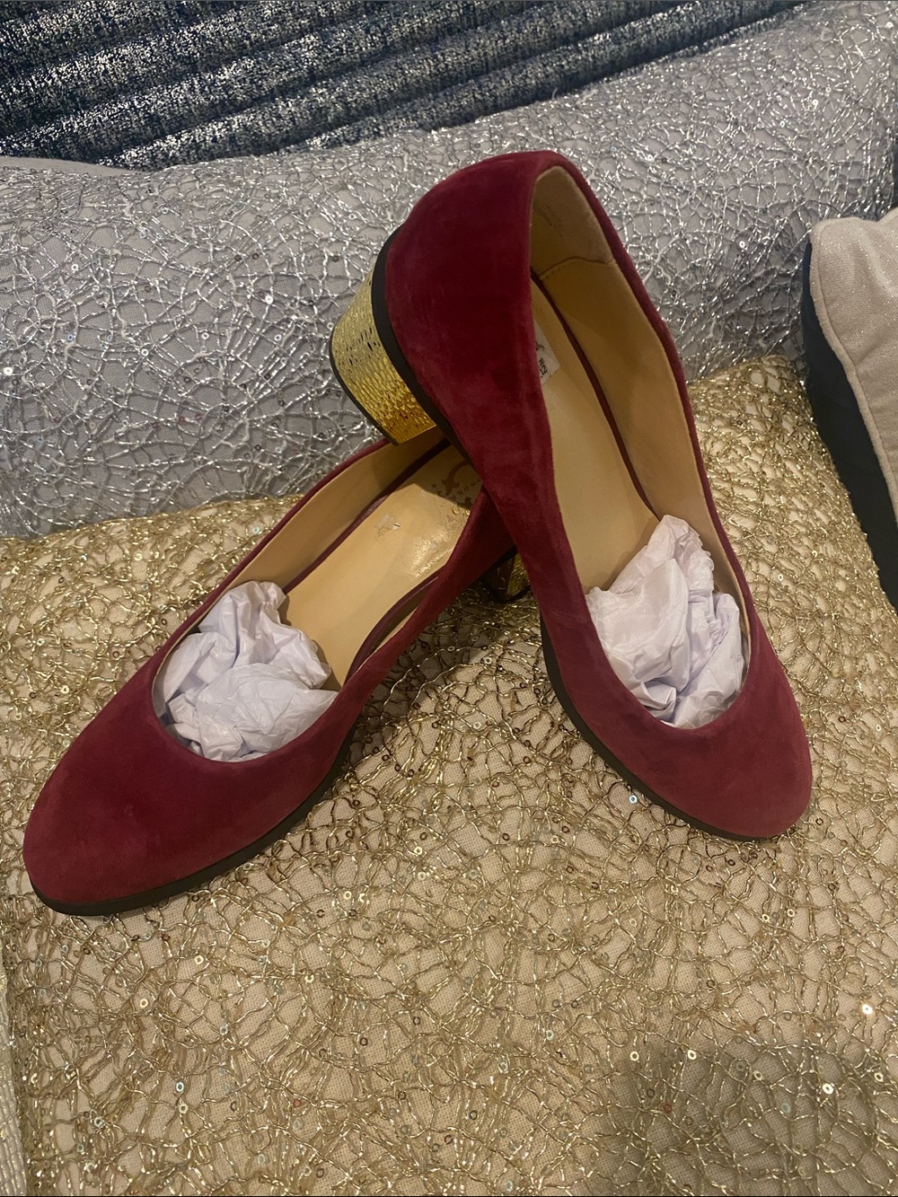 C. Wonder Burgundy Suede Low Block Heel Flats with Gold Accent
